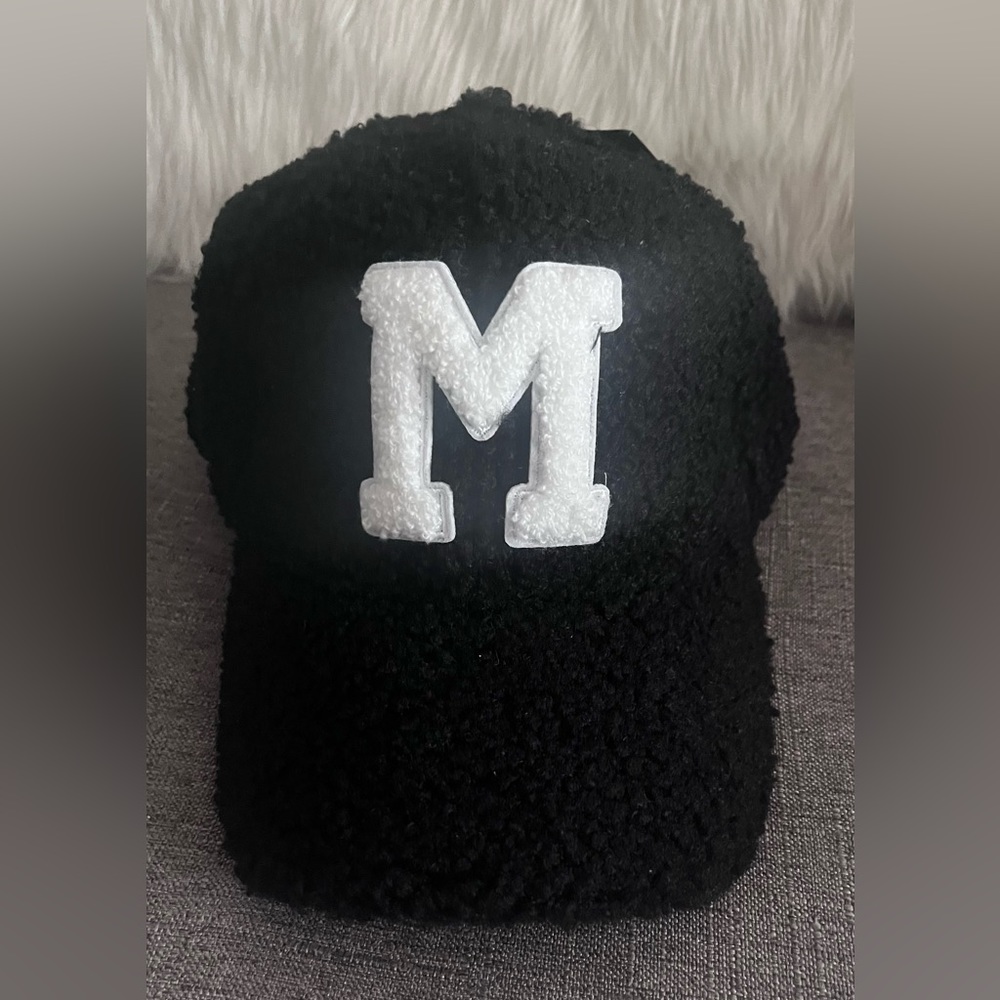 Faux Sherpa baseball hat with Chenille M Patch